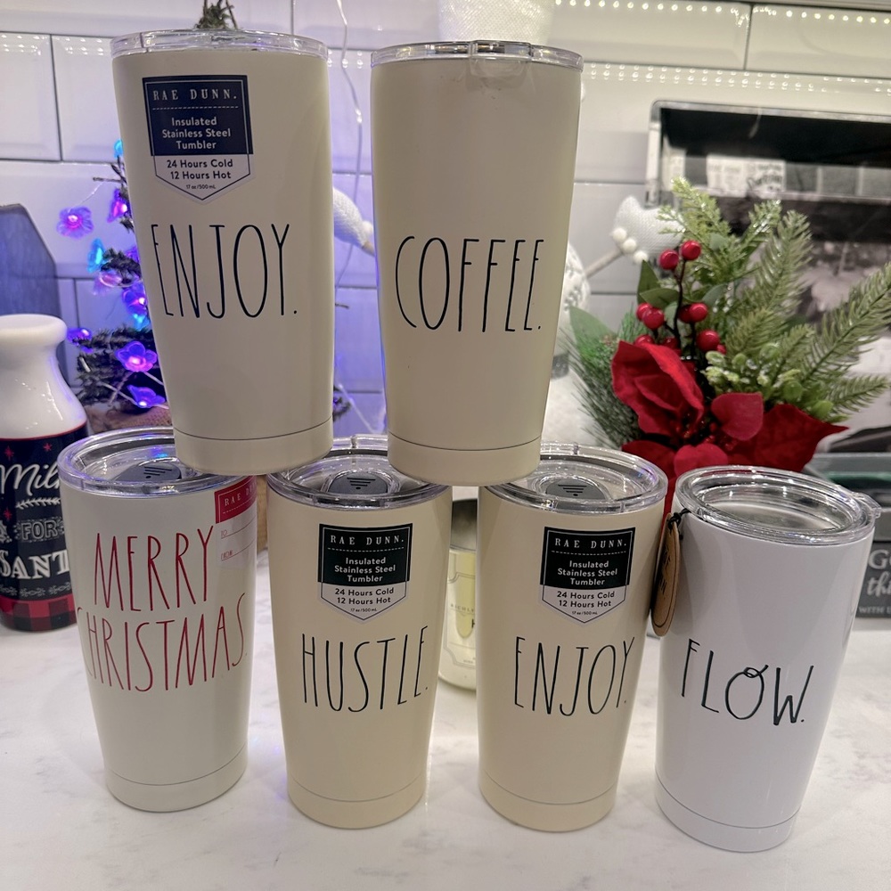 Rae Dunn tumblers. Keeps drinks cold or hot. Cozy Christmas gifts.